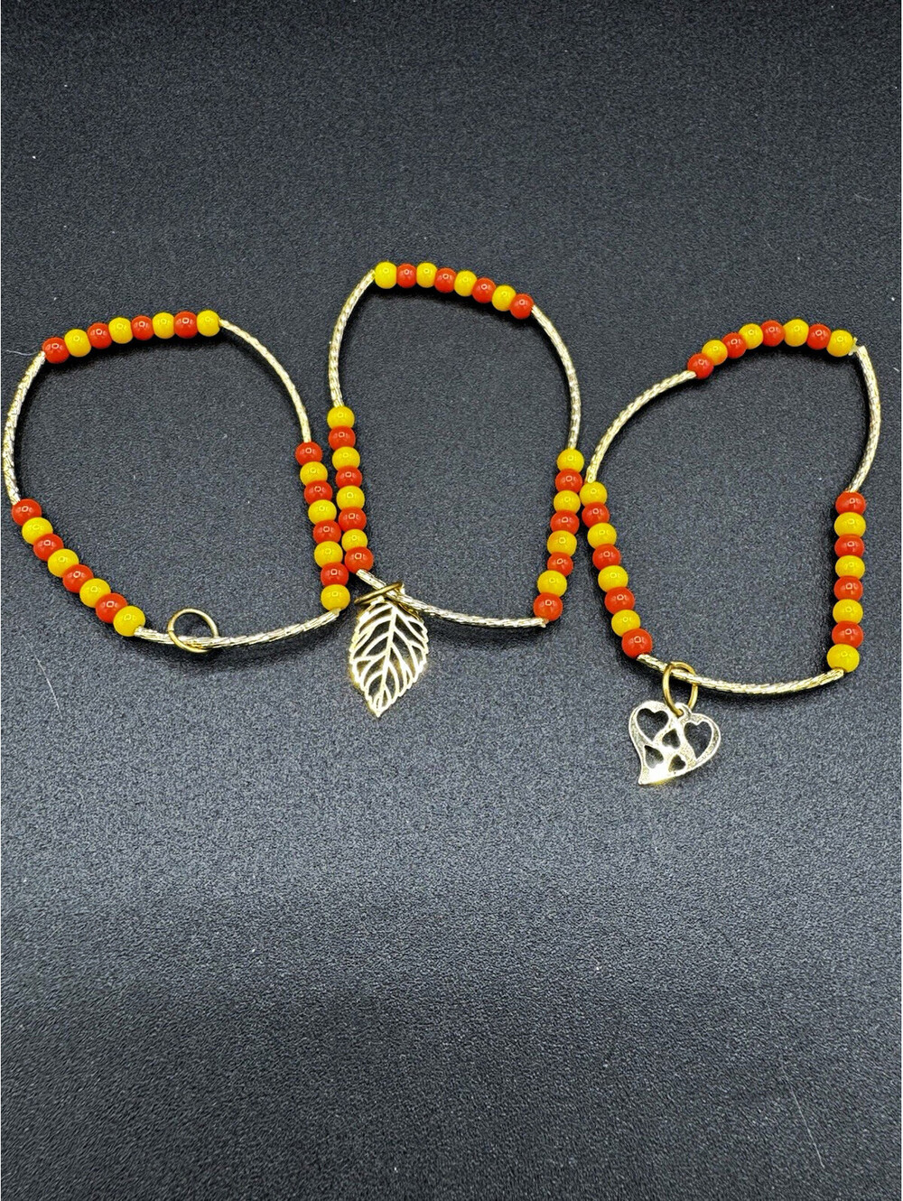 3pc Orange Yellow Beaded Stretch Bracelet Set Fall Autumn Leaf Heart Charms